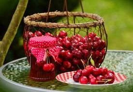 cherry in the basket on the table in the garden