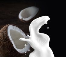 coconut milk near coconut on a black background