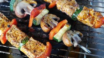 meat kebab with grilled vegetables on the grate close-up