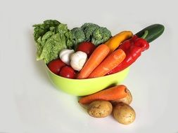 basket of colorful healthy vegetables on the white surface