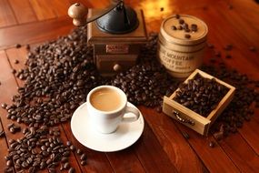 Cup of coffee and coffee beans