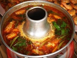 hot Thai Soup With Shrimp in pot