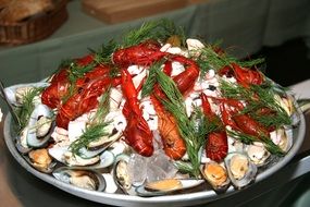 Crayfishes,mussels and other seafood on the plate