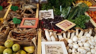 stand with organic vegetables and mushrooms in the local market