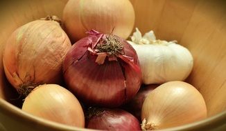 red, yellow onions and garlic in a bowl