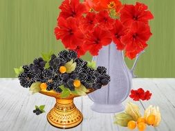 blackberries in a vase and a bouquet of red flowers as a still life