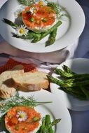 plates with snack with cream cheese and asparagus