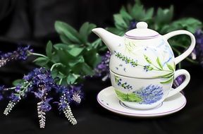 ceramic teapot with a cup near purple flowers