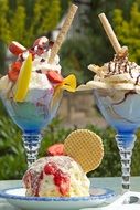 colourful Ice Cream dessert with waffle