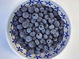 a bunch of frozen blueberries in a white plate with patterns