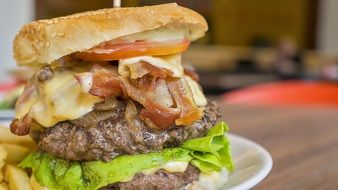 burger with green salad on a plate