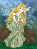 painted greek girl in a green dress on a stone