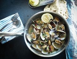 Seafood and bread on table