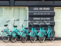 lots of parked turquoise bikes