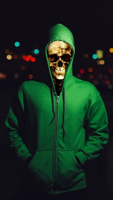 Picture of the skull in a green hoodie