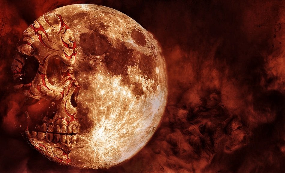skull on the moon in the red fog
