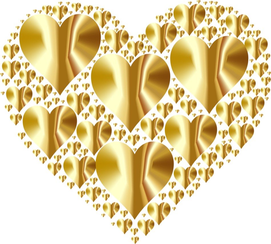 gold hearts in the shape of a heart on the white background