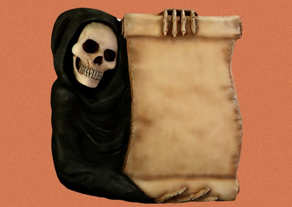 drawn skeleton in hands with papyrus