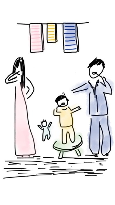 painted family brushes teeth in the morning
