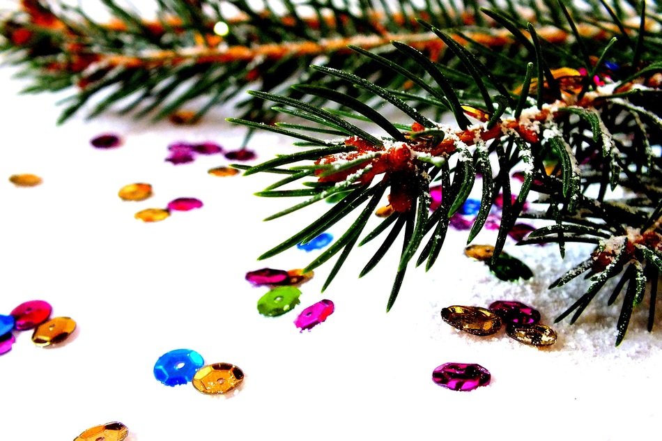 colorful tinsels and spruce branch