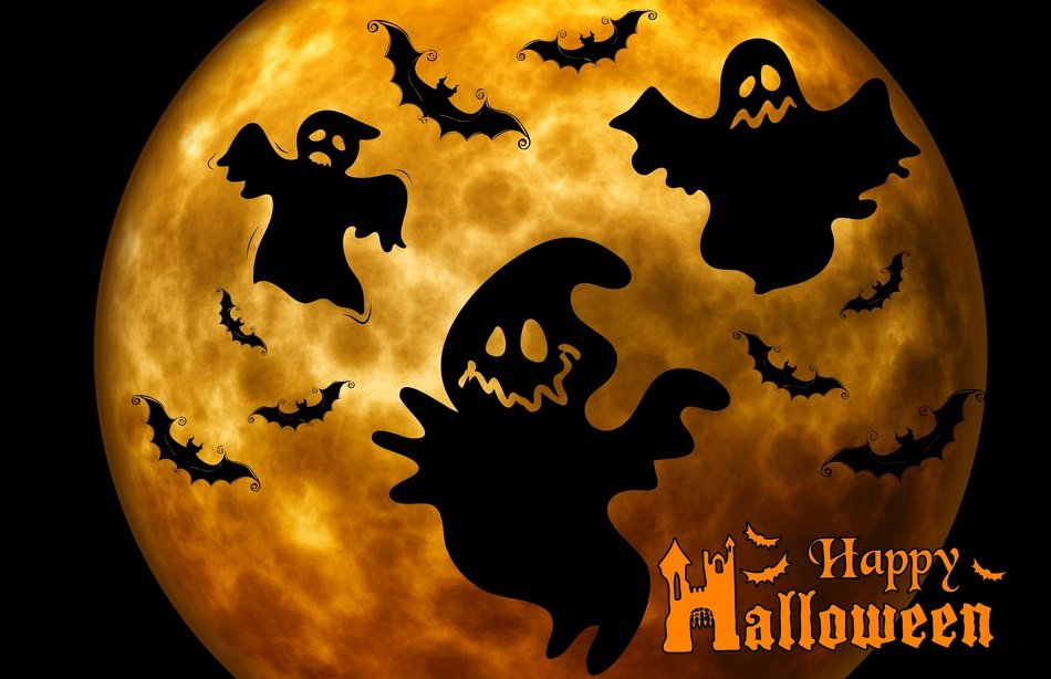 Halloween ghosts on the moon background