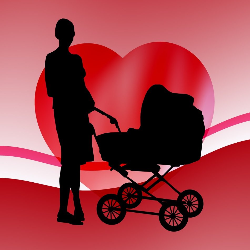 clipart of Mother with Baby in pram, silhouette, red heart form at background