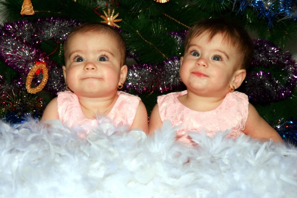 twin sisters near the New Year tree
