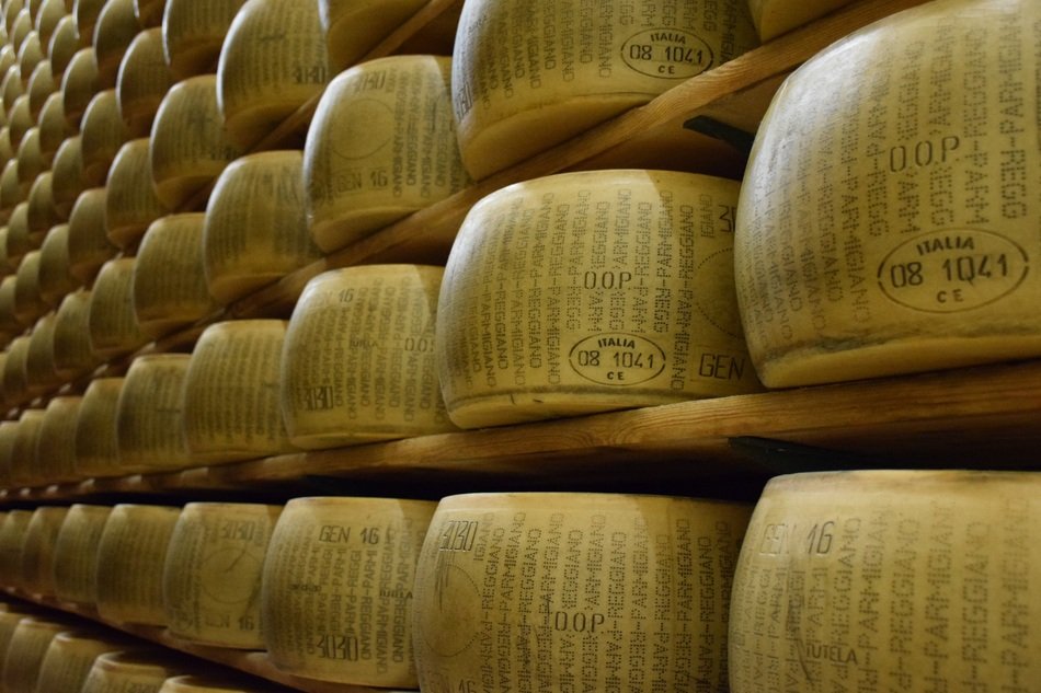 Parmigiano Reggiano Cheese heads on shelves, Italy