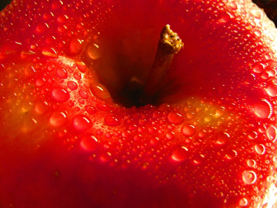 washed red apple with water droplets on it