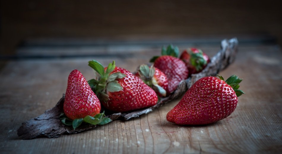 ripe strawberries on the bark of a tree