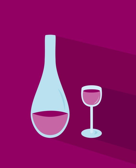 glass carafe and a glass with the purple liquids on a purple background