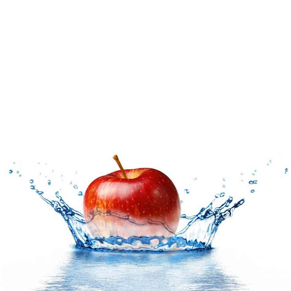 the picture shows an apple fall into the water