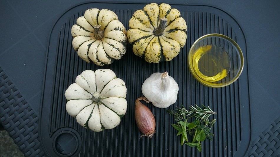 white pumpkin, onion, herbs and oil
