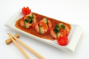 Japanese dish fried shrimp in tomato sauce