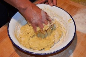 female hands kneading Dough in bowl