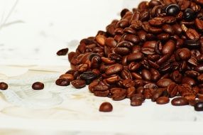 Roasted brown Coffee Beans on a light background close-up