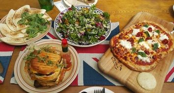 pizza, sandwich and salad