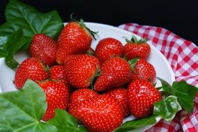 red strawberries and green vents on a plate
