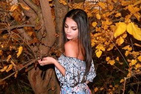 long haired brunette Girl Leaves Yellow Autumn