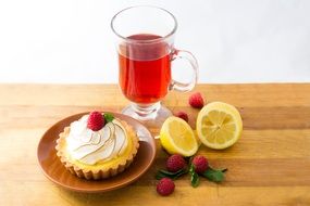 dessert with a drink on a wooden board
