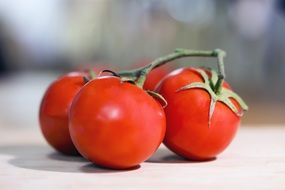 four tomatoes on a green branch on the table