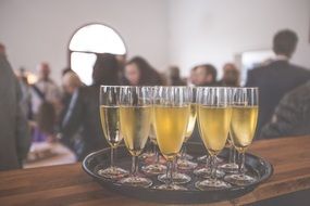 champagne glasses on a tray