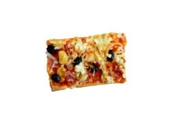 slice of pizza with olives and cheese on white