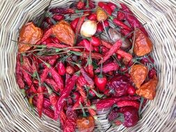 dry spices and dry red pepper in a large wicker basket