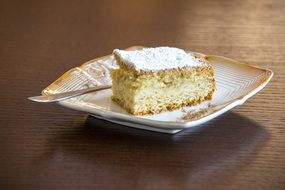 a piece of apple pie on a square plate