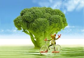 broccoli and frog on the bike on landscape