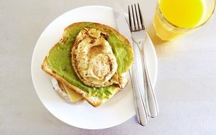 eggs with avocado on toast and orange juice for breakfast