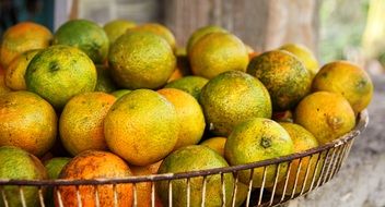 lemons in a metal basket on a blurred background