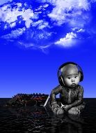 Baby is listening to music under the sky