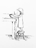 drawing of a little girl on a stool at the table